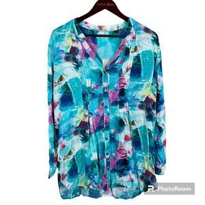 Soft Surroundings Women Top Sz L Blouse Button Up Watercolor Modern Blue Pink R3
